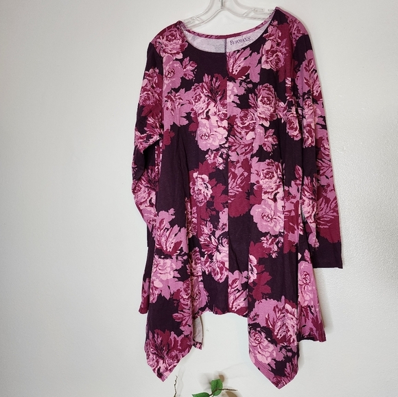 Roamans Floral Women's Top in Pink & Purple Hankerchief Hem - Picture 1 of 6